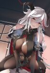  1girl absurdly_long_hair aegir_(azur_lane) azitama_atsushi_(attyuu) azur_lane bare_shoulders black_cape black_gloves black_legwear bodystocking boots breast_curtains breasts cape covered_navel cross cross-laced_clothes cross_earrings demon_horns earrings elbow_gloves gloves hair_between_eyes hair_on_horn horns impossible_clothes indoors iron_cross jewelry knee_boots large_breasts long_hair looking_at_viewer multicolored_hair red_hair shirt single_knee_boot skin_tight streaked_hair two-tone_hair underbust very_long_hair white_hair white_shirt window yellow_eyes 