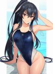  1girl bare_arms bare_legs bare_shoulders black_hair black_swimsuit blush brown_eyes closed_mouth collarbone competition_swimsuit eyebrows_visible_through_hair groin hair_between_eyes highres kantai_collection kasumi_(skchkko) long_hair one-piece_swimsuit ponytail sitting smile solo swimsuit very_long_hair yahagi_(kancolle) 