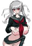  1girl akisora bangs black_sailor_collar black_skirt blush bottomless braid breasts danganronpa_(series) danganronpa_2:_goodbye_despair embarrassed female_pubic_hair glasses hair_ribbon large_breasts long_hair navel nipples pekoyama_peko pleated_skirt pubic_hair red_eyes ribbon sailor_collar school_uniform serafuku silver_hair simple_background skirt solo stomach twin_braids white_background white_ribbon 