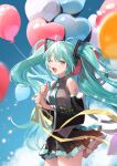  1girl ;d antenna_hair balloon bangs bare_shoulders black_skirt black_sleeves blue_sky cloud collared_shirt commentary day detached_sleeves eyebrows_visible_through_hair green_eyes green_hair grey_shirt hatsune_miku heart_balloon highres holding holding_balloon long_sleeves nima_(niru54) one_eye_closed open_mouth outdoors pleated_skirt shirt skirt sky sleeveless sleeveless_shirt smile solo symbol-only_commentary twintails vocaloid wide_sleeves 