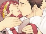  2boys bara claude_(tokyo_houkago_summoners) closed_eyes couple facial_hair formal french_kiss gakei3 goatee hand_on_another&#039;s_cheek hand_on_another&#039;s_face hand_on_another&#039;s_head kiss laurel_crown long_sideburns male_focus master_3_(tokyo_houkago_summoners) mature_male multiple_boys muscular muscular_male necktie red_hair saliva short_hair sideburns thick_eyebrows tokyo_houkago_summoners tongue tongue_out upper_body yaoi 