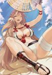  1girl baiken bikini blue_sky breasts brown_hair cloud commentary_request day facial_mark guilty_gear guilty_gear_xrd hat highres holding holding_clothes holding_hat jako_(toyprn) large_breasts legs long_hair nail_polish navel one_eye_closed open_mouth palm_tree pink_nails sand sandals shiny shiny_skin sitting sky solo sweat swimsuit thighs toenail_polish toenails toes tree very_long_hair white_bikini 