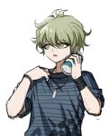  1boy :o amami_rantarou bangs bracelet can danganronpa_(series) danganronpa_v3:_killing_harmony eyebrows_visible_through_hair green_eyes green_hair highres holding holding_can jewelry looking_to_the_side male_focus messy_hair necklace no_(xpxz7347) open_mouth shirt short_hair simple_background solo striped striped_shirt sweat upper_body white_background 
