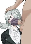  1boy 1girl akisora bangs black_jacket censored collared_shirt commentary_request cum danganronpa_(series) danganronpa_3_(anime) dress_shirt duplicate facial fellatio fellatio_under_mask from_side grey_hair hair_over_one_eye hand_on_another&#039;s_head hetero irrumatio jacket kimura_seiko long_hair looking_up male_pubic_hair mask mosaic_censoring mouth_mask oral penis pubic_hair purple_eyes shiny shiny_hair shirt surgical_mask testicles upper_body white_shirt 