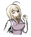  1girl ;) ahoge akamatsu_kaede backpack bag bangs beamed_eighth_notes blonde_hair breasts clenched_hand cropped_torso danganronpa_(series) danganronpa_v3:_killing_harmony eighth_note eyebrows_visible_through_hair hair_ornament highres large_breasts long_hair long_sleeves looking_at_viewer musical_note musical_note_hair_ornament necktie no_(xpxz7347) one_eye_closed pink_eyes purple_eyes shirt simple_background smile solo sweater_vest upper_body white_background white_shirt 