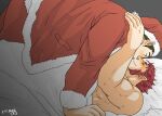  2boys bara bed_sheet blush christmas claude_(tokyo_houkago_summoners) couple facial_hair gakei3 goatee hat kiss laurel_crown long_sideburns lying male_focus master_3_(tokyo_houkago_summoners) mature_male multiple_boys muscular muscular_male naked_sheet on_back on_bed on_person red_hair santa_costume santa_hat short_hair sideburns surprise_kiss surprised thick_eyebrows tokyo_houkago_summoners yaoi 