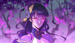  1girl bangs breasts cleavage closed_mouth commentary english_commentary flower genshin_impact hair_ornament japanese_clothes jayessart large_breasts light_particles long_hair mole mole_under_eye purple_eyes purple_flower purple_hair raiden_shogun ribbon solo tassel tree 