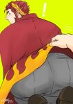  ! 2boys ass ass_focus bara cape claude_(tokyo_houkago_summoners) facial_hair flame_print from_behind gakei3 goatee grey_pants laurel_crown long_sideburns looking_at_viewer looking_back male_focus mature_male multiple_boys pants pov red_cape red_hair short_hair sideburns solo_focus thick_eyebrows tokyo_houkago_summoners yaoi 