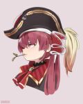  1girl artist_name ascot bangs brown_background brown_eyes cropped_torso eyebrows_behind_hair hair_behind_ear hat highres hololive houshou_marine mouth_hold onionsketch pirate_hat portrait red_hair red_neckwear solo stalk_in_mouth twintails virtual_youtuber 