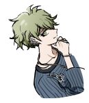  1boy amami_rantarou bangs closed_mouth collarbone danganronpa_(series) danganronpa_v3:_killing_harmony dutch_angle ear_piercing earrings from_side green_eyes green_hair hand_on_own_chin highres jewelry long_neck long_sleeves looking_at_viewer male_focus messy_hair necklace no_(xpxz7347) piercing pointy_nose profile ring shirt short_hair simple_background sketch smile solo striped striped_shirt upper_body white_background 