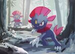  claws closed_mouth commentary_request fangs forest gen_4_pokemon looking_at_viewer nature no_humans outdoors pokemon pokemon_(creature) purple_eyes smile snow standing tree uninori weavile 