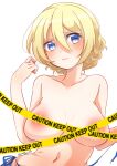  1girl absurdres areola_slip areolae bangs bikini blonde_hair blue_bikini blue_eyes blush braid breasts caution_tape censored closed_mouth collarbone commentary_request darjeeling_(girls_und_panzer) english_text girls_und_panzer hair_between_eyes hand_in_hair highres large_breasts looking_at_viewer namatyoco navel partial_commentary short_hair side-tie_bikini simple_background smile solo swimsuit tape_censor tied_hair topless twin_braids twitter_username white_background 