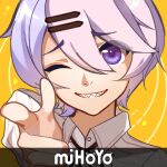  1girl bang_(gesture) bangs close-up company_name finger_gun hair_between_eyes hair_ornament hairpin honkai_(series) honkai_impact_3rd multicolored_hair one_eye_closed open_mouth parody peano_(user_jwrf4523) polo_shirt portrait purple_eyes purple_hair sharp_teeth shirt short_hair simple_background sin_mal teeth two-tone_hair white_shirt yellow_background 