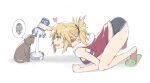  1girl all_fours bandeau bangs blonde_hair blush bowl braid breasts cat dolphin_shorts fate/apocrypha fate_(series) french_braid green_eyes grey_shorts hair_ornament hair_scrunchie heart hood hooded_vest hoodie long_hair milk milk_carton mordred_(fate) mordred_(fate/apocrypha) open_mouth parted_bangs ponytail pouring red_vest scrunchie short_shorts shorts sidelocks slippers small_breasts smile speech_bubble spoken_squiggle squiggle tonee top-down_bottom-up vest 