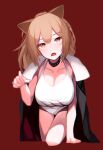 1girl absurdres animal_ears arknights beudelb black_collar black_jacket breasts brown_hair cleavage collar collarbone commentary fang hand_up head_tilt highres jacket jacket_on_shoulders korean_commentary large_breasts lion_ears looking_at_viewer open_mouth red_background red_neckwear shirt siege_(arknights) simple_background solo studded_collar white_shirt yellow_eyes 