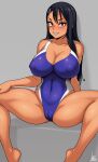  1girl absurdres alternate_breast_size black_hair blue_swimsuit breasts cameltoe cleavage competition_swimsuit covered_nipples dark_skin hair_ornament hairclip highres huge_breasts ijiranaide_nagatoro-san jmg long_hair looking_at_viewer nagatoro_hayase one-piece_swimsuit red_eyes simple_background sitting spread_legs swimsuit watermark 