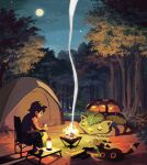  1boy black_headwear bush chair commentary_request fire forest gen_1_pokemon gen_2_pokemon hat highres holding lying male_focus moon nature night on_stomach outdoors pants poke_ball poke_ball_(basic) pokemon pokemon_(creature) shirt signature sitting sky sleeping smoke star_(sky) tent tree umbreon uninori venusaur 