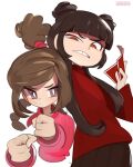  2girls annoyed artist_name avatar:_the_last_airbender avatar_(series) bangs braid braided_ponytail brown_eyes card clenched_hands double_bun grey_eyes highres holding holding_card mai_(avatar) multiple_girls onionsketch parted_lips pink_sweater red_sweater smile sweater ty_lee v-shaped_eyebrows 