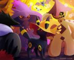  cacturne closed_mouth colored_sclera commentary_request gen_1_pokemon gen_2_pokemon gen_3_pokemon gen_4_pokemon gen_5_pokemon hat hatted_pokemon honchkrow mismagius pokemon pokemon_(creature) red_eyes signature smile standing toes umbreon uninori woobat yellow_eyes yellow_sclera zubat 