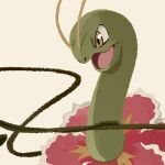  commentary_request flower gen_2_pokemon looking_down meganium no_humans open_mouth pink_flower plant pokemon pokemon_(creature) simple_background solo tongue uninori vines white_background yellow_eyes 