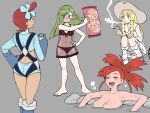  4girls :d ace_trainer_(pokemon) bangs bare_arms barefoot bathing blonde_hair blush breasts can cigarette closed_eyes closed_mouth collarbone collared_dress commentary dress eyelashes flannery_(pokemon) green_eyes grey_background hand_on_hip hat highres holding holding_can holding_cigarette holding_pillow knees lillie_(pokemon) long_hair multiple_girls navel nutkingcall one_side_up open_mouth pillow pokemon pokemon_(game) pokemon_bw pokemon_oras pokemon_sm red_hair shoes short_hair simple_background skyla_(pokemon) sleeveless sleeveless_dress smile smoking squatting standing tied_hair tin_can toes tongue upper_teeth wet white_dress white_legwear yes yes-no_pillow 