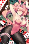  1girl absurdres asymmetrical_legwear breasts card casino cleavage fingerless_gloves fishnet_legwear fishnets garters gem gloves hair_ornament highres large_breasts mendou_kusai one_eye_closed original pink_eyes pink_hair playboy_bunny poker_chip roulette_table smile solo symbol-shaped_pupils 