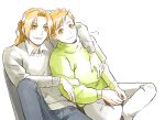  2boys =3 alphonse_elric arm_around_neck bangs blonde_hair brothers cardigan closed_mouth collared_shirt crossed_legs denim edward_elric elbow_on_knee eye_contact eyebrows_visible_through_hair fingernails fullmetal_alchemist green_sweater grey_cardigan grey_pants hands_on_lap heads_together hug jeans knee_up leaning leaning_on_person looking_at_another looking_to_the_side male_focus multiple_boys pai_(1111) pants parted_bangs parted_lips ponytail shadow shirt siblings side-by-side sigh simple_background sitting smile sweater swept_bangs tareme tsurime turtleneck turtleneck_sweater v_arms white_background yellow_eyes 