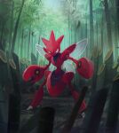  bamboo bamboo_forest commentary_request day forest gen_2_pokemon highres legs_apart looking_at_viewer nature no_humans outdoors pokemon pokemon_(creature) scizor solo standing uninori yellow_eyes 