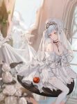  1girl apple bare_shoulders bird black_choker blue_hair breasts bridal_veil choker closed_mouth collarbone dress eyebrows_visible_through_hair flower food fruit girls&#039;_frontline hair_flower hair_ornament highres jewelry looking_down necklace pigeon qiujiao ring short_hair simple_background sitting small_breasts solo thighhighs veil wedding_band wedding_dress white_legwear yellow_eyes zas_m21_(girls&#039;_frontline) 
