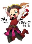  1girl :d arms_up belt black_legwear boots braid braided_ponytail flat_chest full_body green_eyes hat hat_feather jumping open_mouth pantyhose pirate_(sekaiju) pirate_4_(sekaiju) pirate_hat red_footwear sekaiju_no_meikyuu sekaiju_no_meikyuu_3 simple_background smile solo suno_(imydream) translation_request white_background 