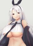  1girl azur_lane bangs bare_shoulders black_neckwear black_sleeves breasts collared_shirt commentary crop_top detached_sleeves eyebrows_visible_through_hair grey_background groin hair_between_eyes hair_ribbon highres kokonoe_misui large_breasts long_hair looking_at_viewer mole mole_under_eye navel necktie open_mouth parted_bangs prinz_heinrich_(azur_lane) red_eyes ribbed_shirt ribbon shirt sidelocks simple_background solo standing stomach twitter_username underboob upper_body very_long_hair white_hair 