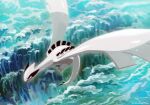  black_eyes commentary_request fang flying gen_2_pokemon legendary_pokemon lugia no_humans open_mouth pokemon pokemon_(creature) shiny signature solo uninori waves 