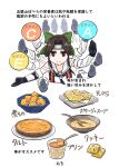  1girl bangs black_gloves bow bowl brown_eyes brown_hair cookie cropped_torso food forehead_protector gloves green_bow hair_bow headband highres jintsuu_(kancolle) kantai_collection long_hair plate pudding pumpkin remodel_(kantai_collection) sailor_collar seiran_(mousouchiku) simple_background smile solo soup spoon tart_(food) translation_request white_background white_sailor_collar 