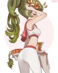 1girl adapted_costume alternate_hairstyle ass bangs blush breasts carrot chalice closed_eyes english_commentary from_side green_hair hair_behind_ear highres kid_icarus kid_icarus_uprising medium_breasts onionsketch palutena pants solo sports_bra tying_hair white_pants white_sports_bra yoga_pants 