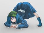  1girl aesur_a baseball_cap blue_eyes blue_hair blush boots full_body grey_background hair_bobbles hair_ornament hat highres jack-o&#039;_challenge kawashiro_nitori long_hair long_sleeves looking_at_viewer rubber_boots simple_background smile solo spread_legs top-down_bottom-up touhou twintails 