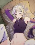  1girl arm_behind_head armpits black_shirt blush bottomless breasts commentary contender_(girls&#039;_frontline) detached_sleeves girls&#039;_frontline gloves grey_hair lying multicolored_hair navel on_back on_bed out-of-frame_censoring pillow purple_hair sgnfleen shirt short_hair sleeveless sleeveless_shirt small_breasts solo streaked_hair sweat thighhighs turtleneck white_legwear 