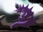  black_eyes claws commentary_request from_behind full_body gen_1_pokemon highres looking_to_the_side nidoking no_humans open_mouth pokemon pokemon_(creature) sharp_teeth standing teeth uninori 