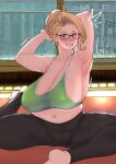  1girl ^^^ armpits belly blonde_hair blue_eyes breasts butcherboy cleavage curvy glasses grin highres huge_breasts looking_at_viewer mature_female midriff navel original pants plump smile solo updo yoga yoga_pants 