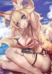  +_+ 1girl adjusting_hair animal_ear_fluff animal_ears armpits arms_up bag beach beach_towel bikini blonde_hair blue_eyes breasts choker fang fang_out flipped_hair fox_ears fox_girl fox_tail hair_rings handbag henny60225 highres hikimayu inaho_(world_flipper) legs long_hair mouth_hold multiple_tails o-ring o-ring_top ocean sand_castle sand_sculpture side-tie_bikini sitting solo swimsuit tail thigh_strap towel world_flipper 