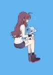  1girl ahoge black_legwear black_wristband blue_background boots brown_hair character_doll closed_mouth commentary_request cubchoo doll eyelashes gen_5_pokemon hagetapo hilda_(pokemon) holding holding_doll invisible_chair long_hair notice_lines pokemon pokemon_(game) pokemon_bw shirt short_shorts shorts sidelocks simple_background sitting sleeveless sleeveless_shirt smile socks white_shirt wristband 