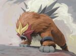  commentary entei fangs from_below gen_2_pokemon legendary_pokemon looking_at_viewer no_humans open_mouth pokemon pokemon_(creature) red_eyes smoke solo standing toes tongue uninori 