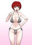  1girl akisora animal_print bangs bikini black_bikini breasts brown_eyes collarbone cowboy_shot danganronpa_(series) danganronpa_2:_goodbye_despair female_pubic_hair freckles gradient gradient_background groin halterneck hand_on_hip hand_up highres koizumi_mahiru large_breasts looking_at_viewer navel open_mouth pink_background pointing pointing_at_viewer pubic_hair shiny shiny_hair short_hair side-tie_bikini solo swimsuit upper_teeth white_bikini 