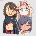  4girls aadya_(nijisanji) annoyed bangs black_hair blonde_hair blue_eyes blue_hair blush brown_hair colored_inner_hair dark-skinned_female dark_skin earrings eyebrows_visible_through_hair green_eyes grey_background hairband head_tilt highres jewelry layla_alstroemeria mole mole_under_eye multicolored_hair multiple_girls nijisanji nijisanji_id nijisanji_in noor_(nijisanji) onionsketch red_hair shaded_face short_hair siska_leontyne virtual_youtuber 