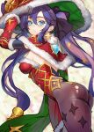  1girl arm_up blue_eyes bodystocking breasts capelet christmas chromatic_aberration from_side fur-trimmed_capelet fur_trim genshin_impact hat highres long_hair mona_(genshin_impact) pupps purple_hair santa_hat skin_tight small_breasts solo thick_thighs thighs torn torn_clothes torn_legwear very_long_hair vision_(genshin_impact) witch_hat 