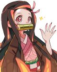  1girl asa_no_ha_(pattern) bamboo bit_gag black_hair checkered fingernails gag gagged hair_ribbon haori highres hyou_(hyouga617) japanese_clothes kamado_nezuko kimetsu_no_yaiba kimono long_hair long_sleeves looking_at_viewer mouth_hold multicolored_hair obi pink_eyes pink_hair pink_kimono pink_ribbon ribbon sash sharp_fingernails simple_background solo sparkle standing two-tone_hair waving white_background 