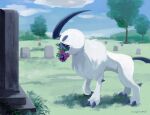  absol claws cloud commentary_request day flower gen_3_pokemon grass graveyard mouth_hold outdoors pokemon pokemon_(creature) purple_flower red_eyes sky tombstone tree uninori white_fur 