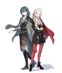  2girls aiguillette armor armored_dress bangs black_dress black_footwear black_legwear black_shorts blue_eyes blue_hair boots breasts byleth_(fire_emblem) byleth_(fire_emblem)_(female) cape closed_mouth coat coat_on_shoulders dress edelgard_von_hresvelg epaulettes expressionless fire_emblem fire_emblem:_three_houses forehead full_body garreg_mach_monastery_uniform gloves hair_between_eyes hand_on_own_chin high_heel_boots high_heels knee_boots leg_armor light_smile long_hair looking_at_viewer medium_breasts medium_hair multiple_girls pantyhose parted_bangs purple_eyes red_cape red_legwear sen&#039;yuu_yuuji short_shorts shorts shoulder_armor side-by-side silver_hair simple_background small_breasts smile standing straight_hair vambraces white_background white_gloves 