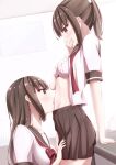  2girls blush bra breasts brown_eyes brown_hair commentary_request covering_mouth eyebrows_visible_through_hair highres kamakama_(kdmorh_kamakama) licking licking_navel long_hair medium_hair multiple_girls navel original ponytail tongue tongue_out underwear yuri 