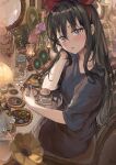  1girl arm_support bangs black_dress black_hair blue_eyes blush bottle bow chair desk dress earrings hair_bow hand_up highres indoors jewelry kiki lamp long_hair looking_at_viewer majo_no_takkyuubin mirror necklace parted_lips red_bow saya_(mychristian2) short_sleeves sitting solo 