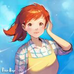  1girl absurdres blue_sky brown_eyes copyright_name day fio_piccolo freckles hand_up highres kisher kurenai_no_buta long_hair looking_at_viewer outdoors red_hair shirt sky solo striped striped_shirt wind 